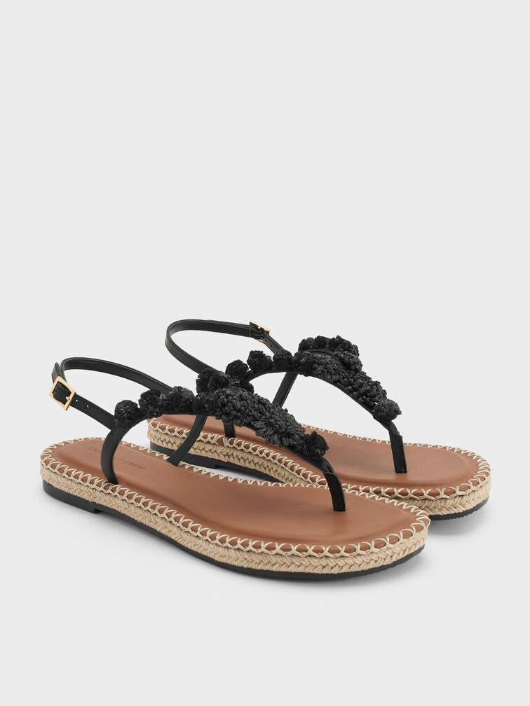 Sandal Thong Espadrille Flower, Black, hi-res