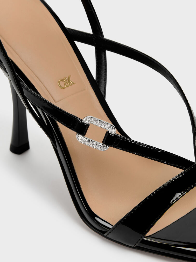 Sepatu Heels Ankle-Strap Crystal-Buckle Leather Patent, Black Patent, hi-res