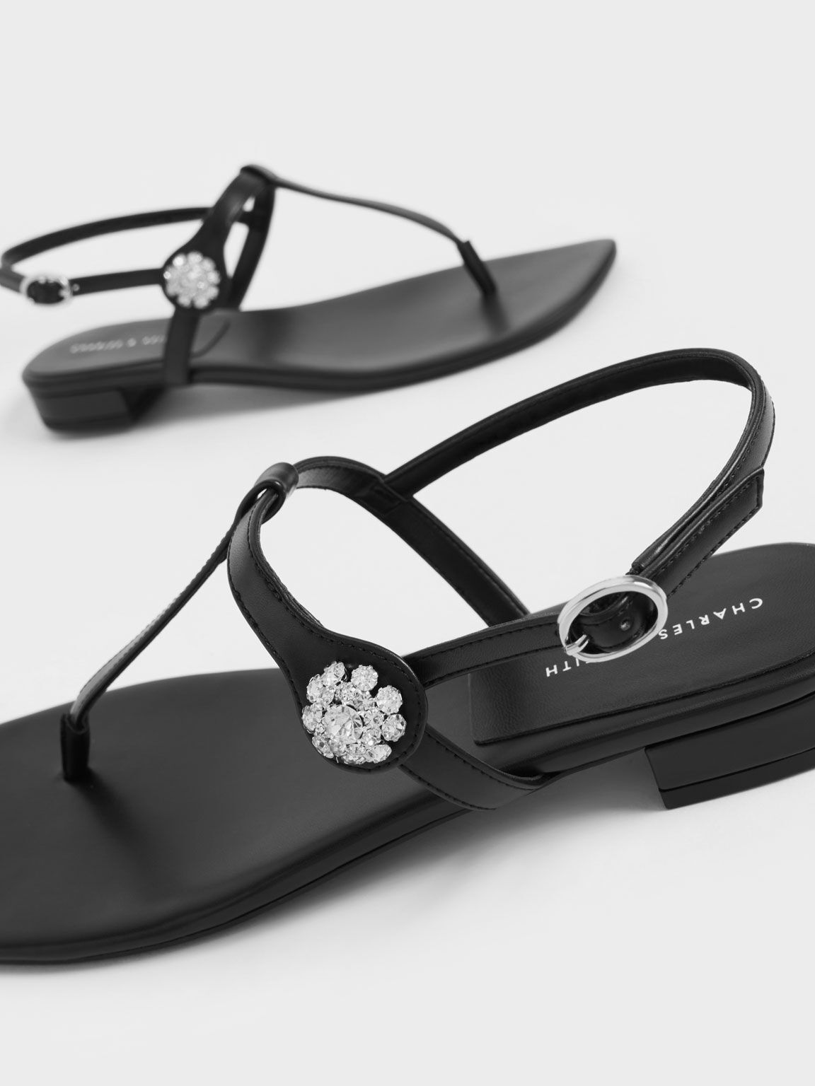 Gem-Embellished Thong Sandals, Black, hi-res