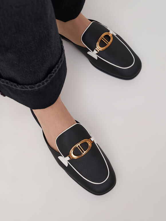 Sepatu Loafer Mules Metallic Accent, Black, hi-res