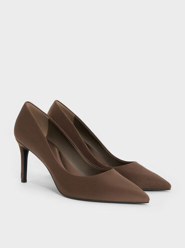 Sepatu Stiletto Pointed Emmy Faux Suede, Dark Brown Textured, hi-res