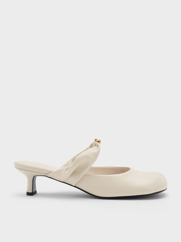 Sepatu Mules Heeled Twisted-Strap Metallic-Accent, Chalk, hi-res