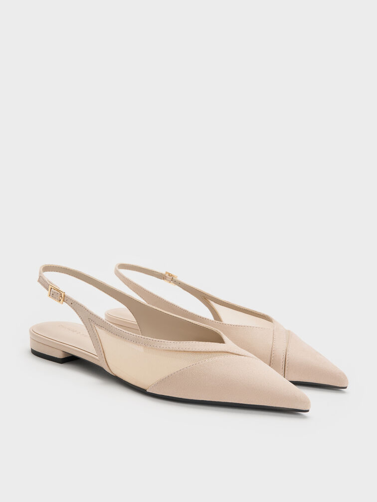 Sepatu Flats Slingback Suede & Mesh Faux, Beige, hi-res