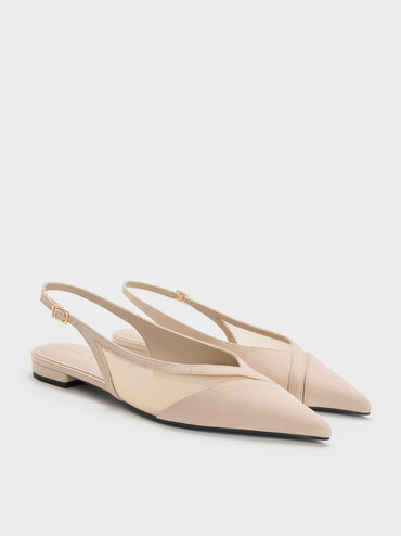 Sepatu Flats Slingback Suede & Mesh Faux, Beige, hi-res