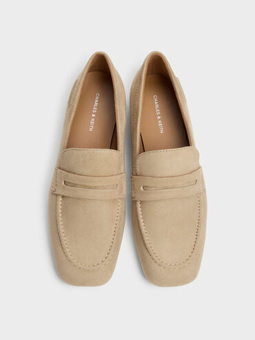Faux Suede Penny Loafers, Beige, hi-res