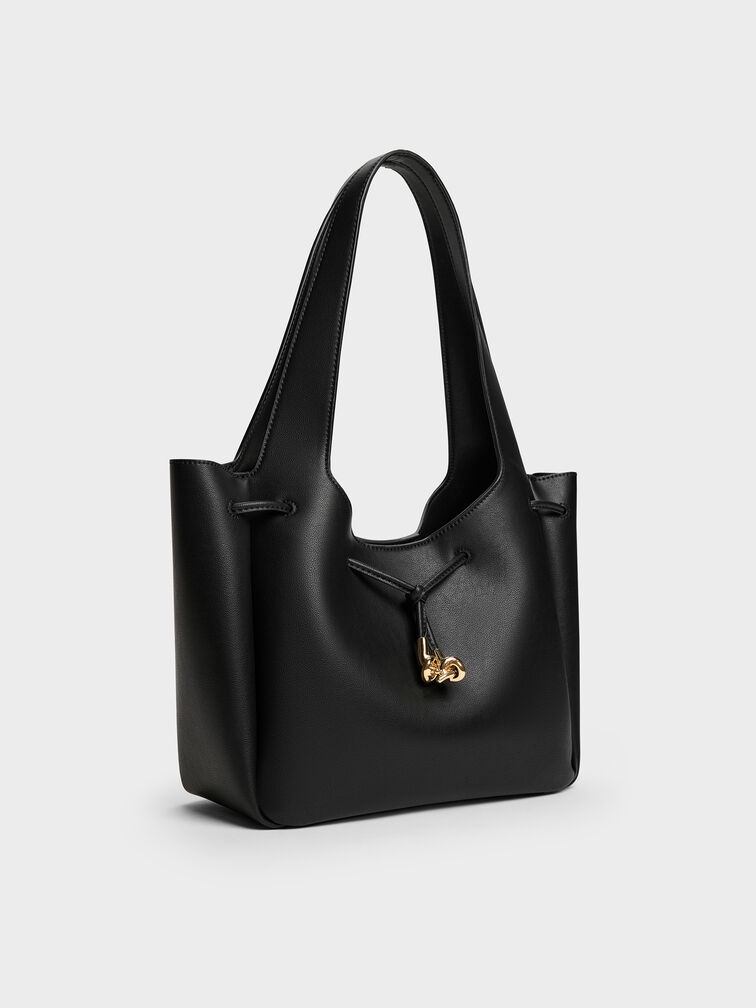 Tas Tote Drawstring Metallic-Knot Mila, Black, hi-res