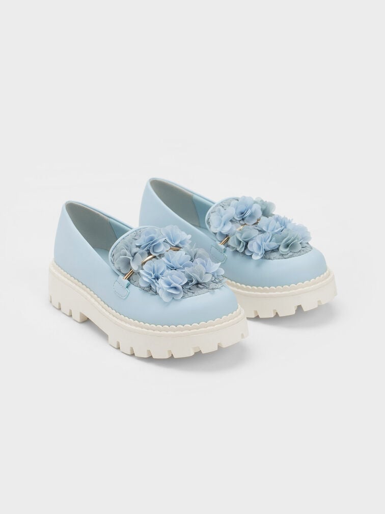 Sepatu Loafers Girls' Floral Mesh, Light Blue, hi-res