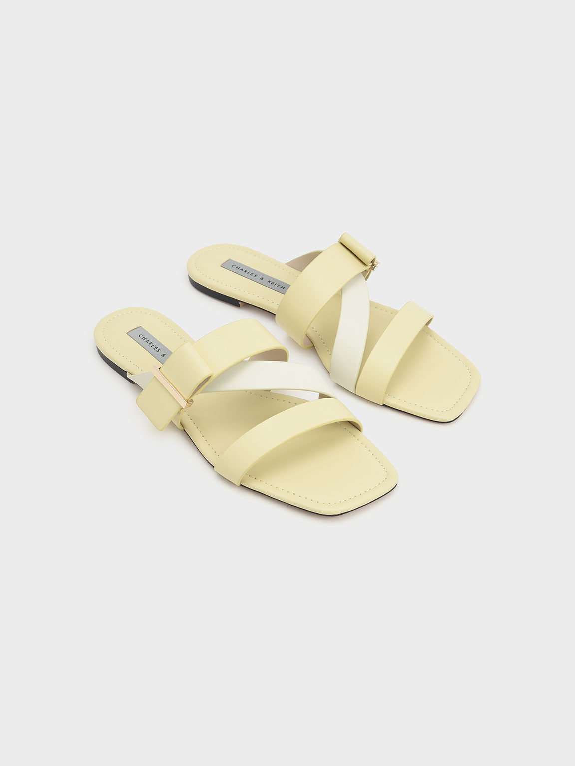 Sandal Slide Metallic Accent Strappy Square-Toe, Yellow, hi-res