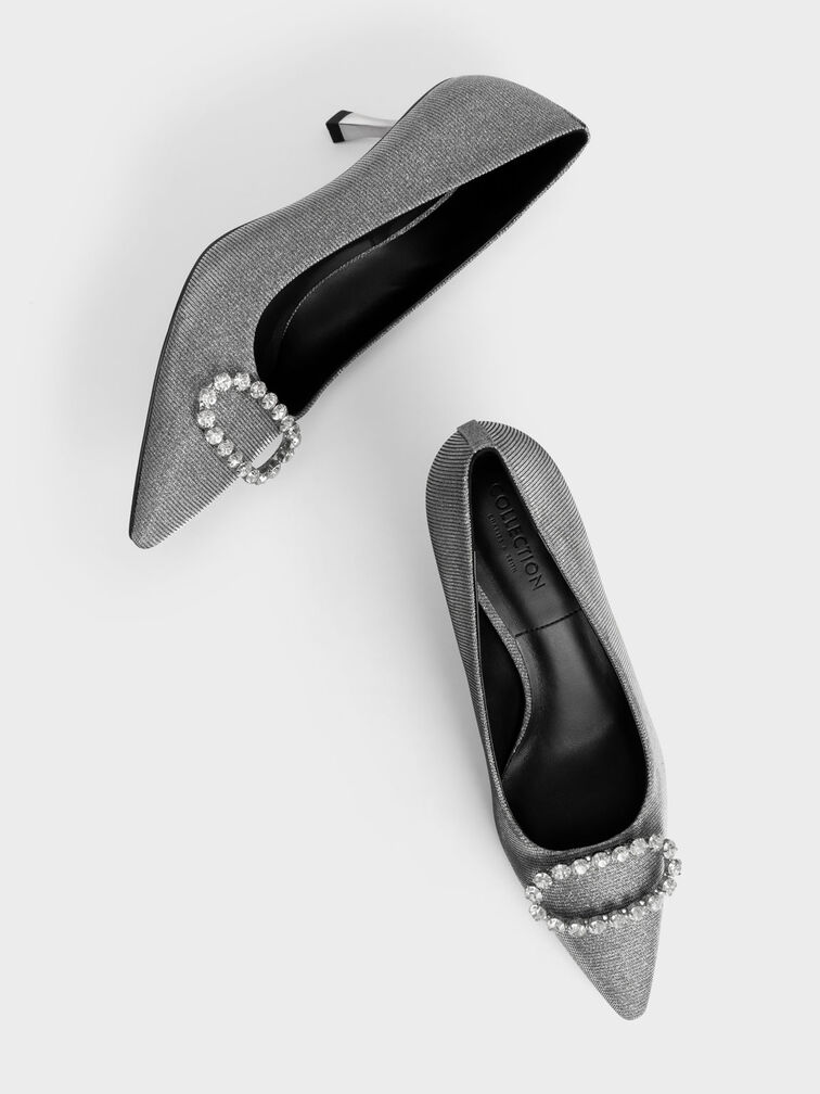 Sepatu Pumps Patent Leather Gem-Embellished, Pewter, hi-res