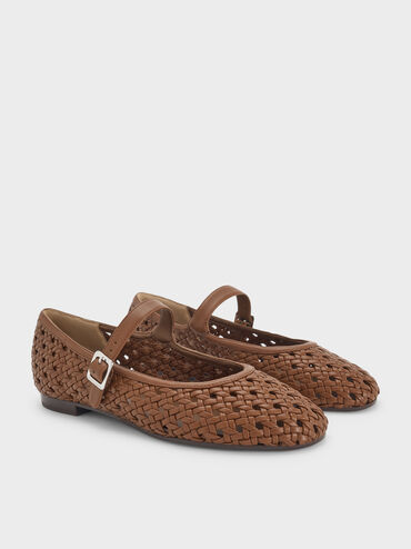 Sepatu Flats Mary Jane Woven, Brown, hi-res