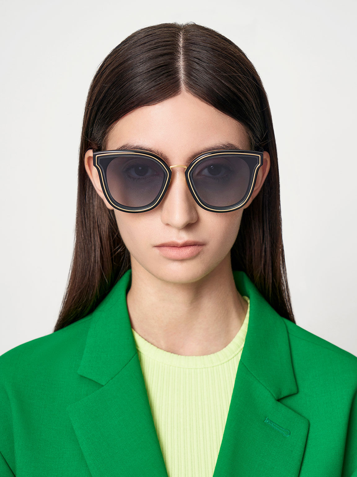 Gold-Trim Rectangular Sunglasses, Black, hi-res