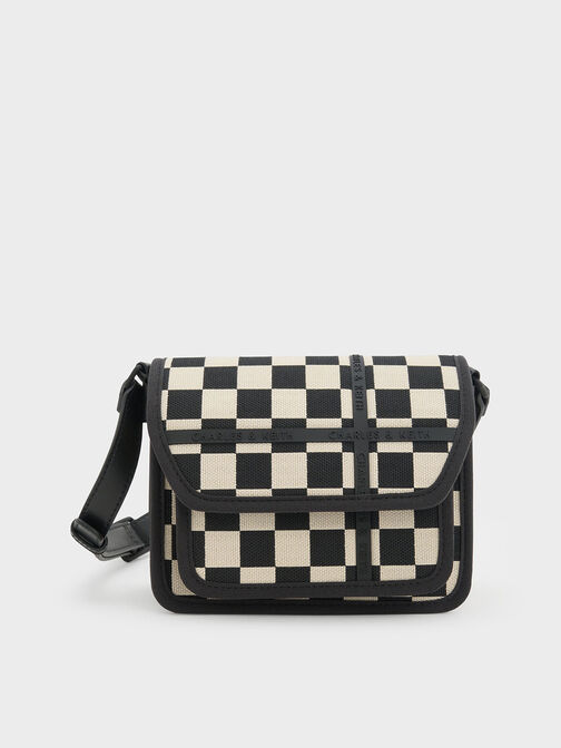 Avenue Checkered Contrast-Trim Crossbody Bag, Black Textured, hi-res