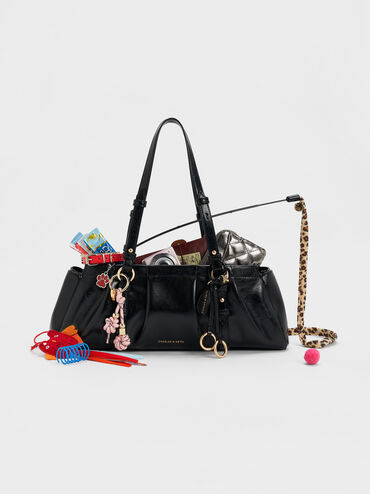 Tas Bahu Elongated Ruched Britton, Black, hi-res