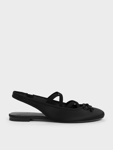 Sepatu Flats Ballet Slingback Crossover Satin, Black Textured, hi-res