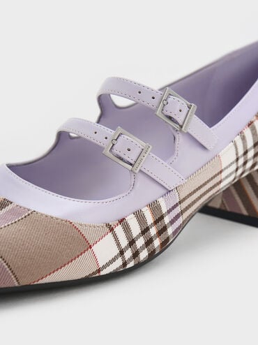 Sepatu Mary Janes Checkered Double Buckle, Taupe, hi-res