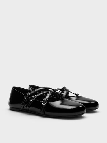 Sepatu Flats Mary Jane Crossover Patent Triple-Strap, Black Patent, hi-res