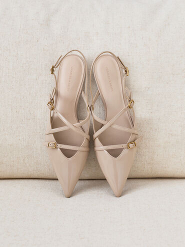 Sepatu Flats Slingback Strappy Patent Maybelle, Nude, hi-res