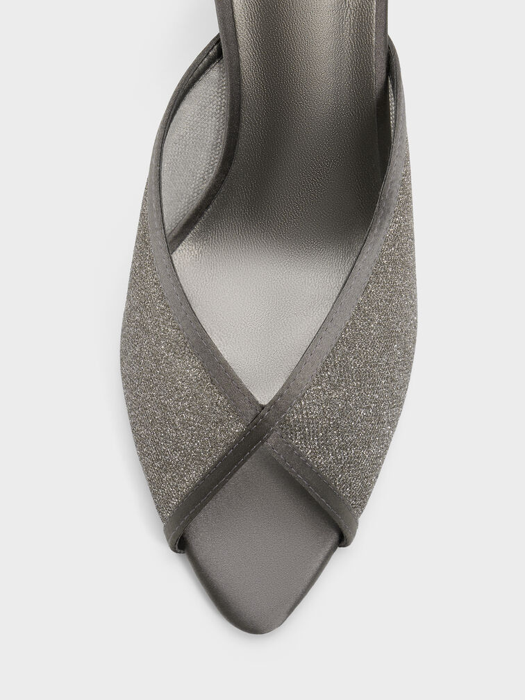 Glittered Mesh Peep-Toe Heeled Mules, Grey, hi-res