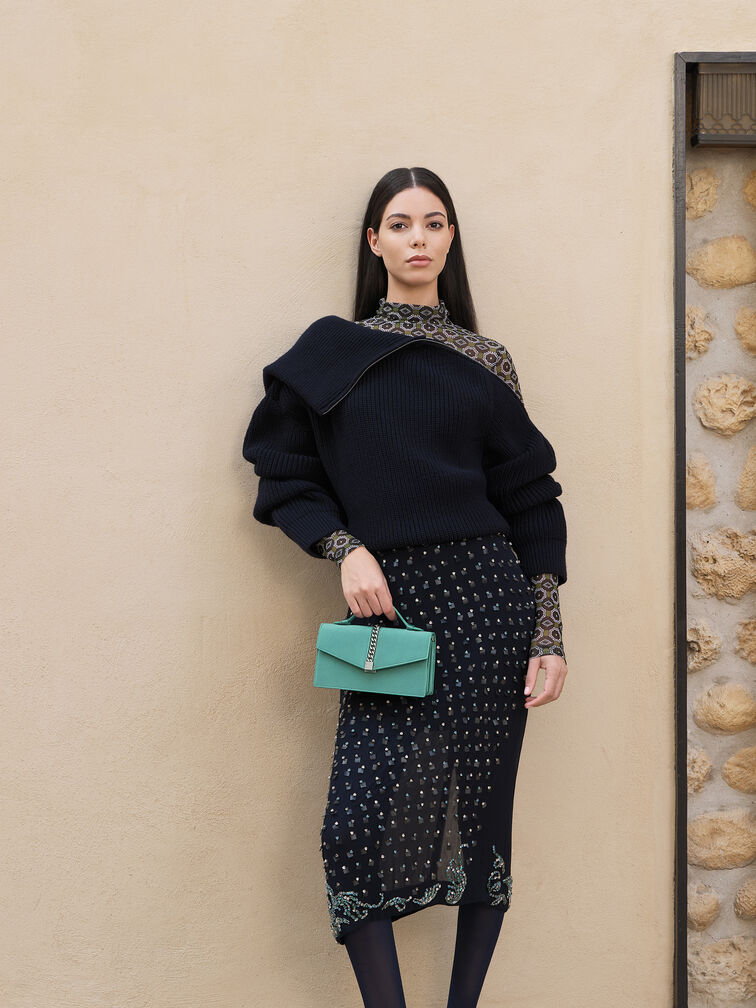 Taisia Satin Chain-Strap Envelope Bag, Teal, hi-res