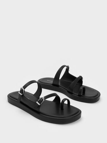 Double Buckle Toe-Loop Sandals, Black, hi-res