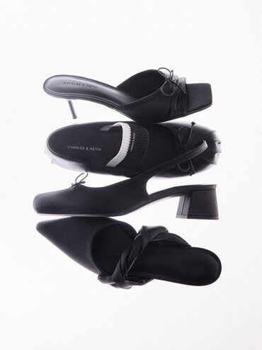 Sepatu Heeled Mules Ruched Bow Satin, Black Textured, hi-res