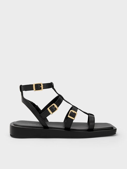 Buckled Gladiator Sandals, Black, hi-res
