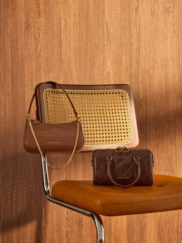 Tas Bahu Chain-Link Croc-Effect Eispeth, Chocolate Croco, hi-res