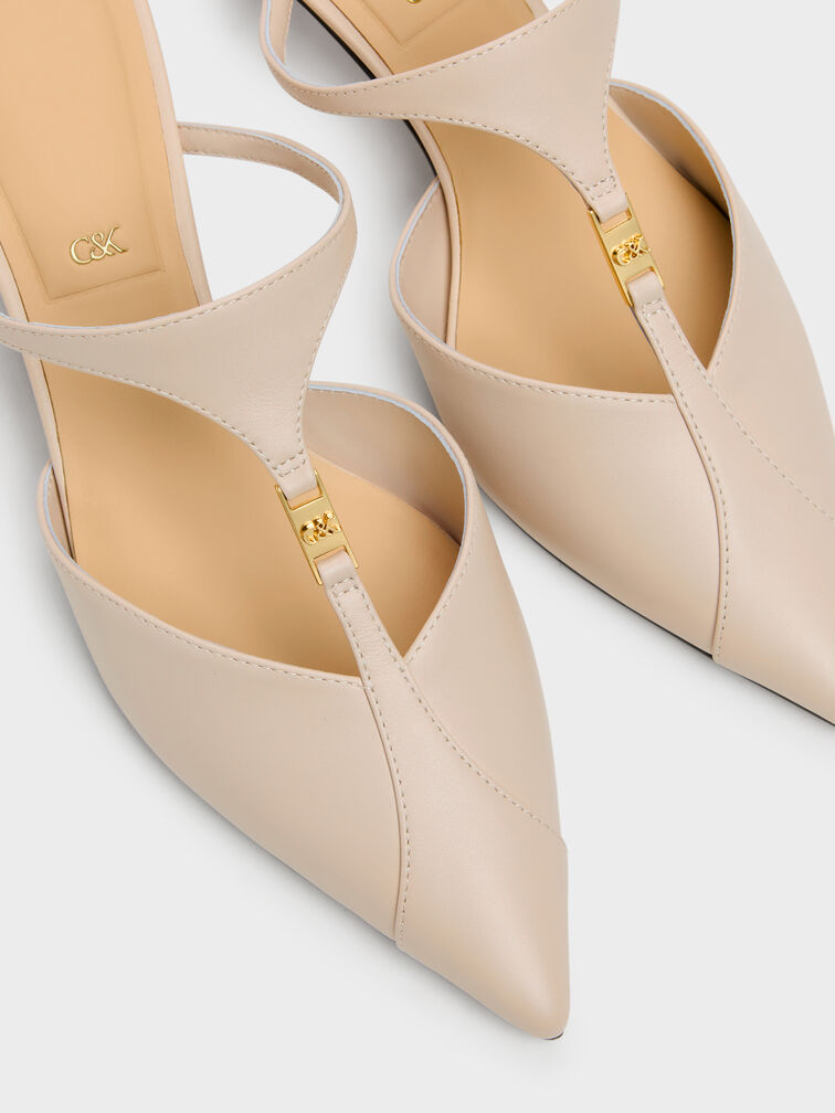 Leather T-Bar Pointed Kitten Heels, Oat, hi-res