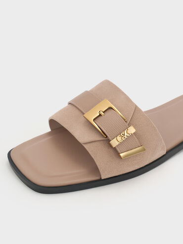 Whitney Suede & Leather Buckled Square-Toe Slide Sandals, Taupe, hi-res