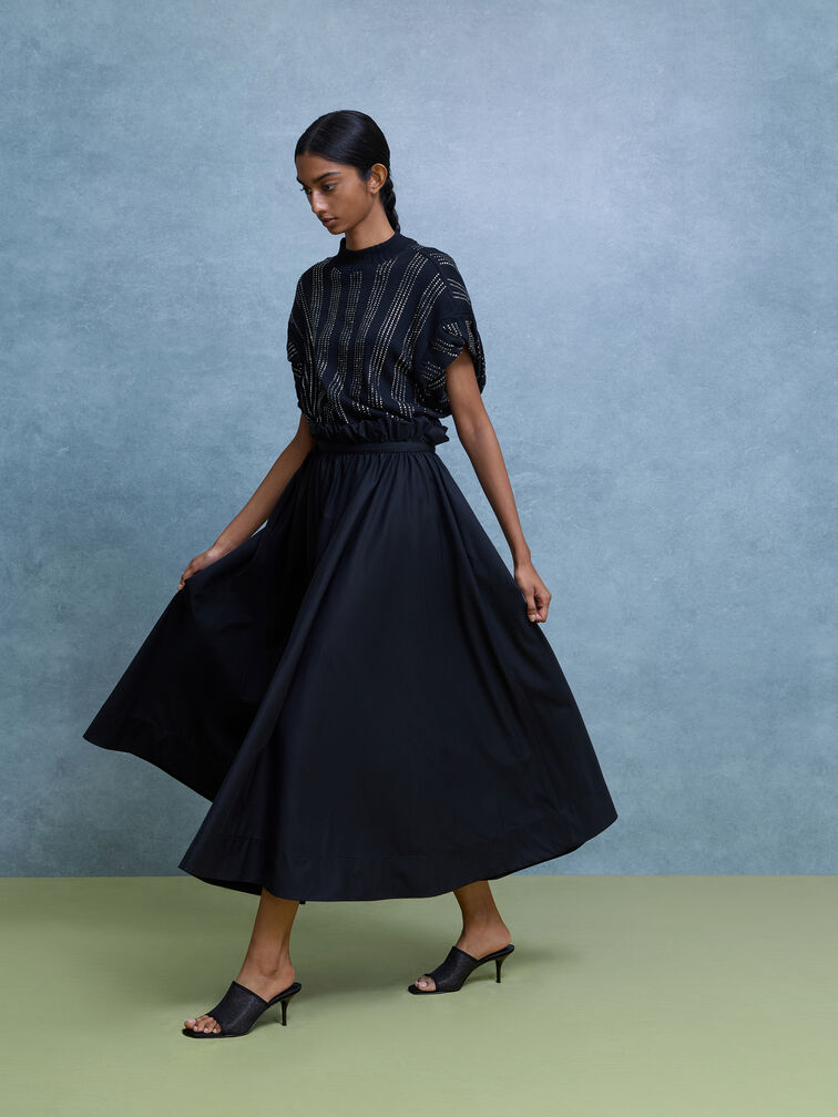 Sepatu Mules Heeled Glittered Mesh, Black Textured, hi-res