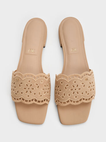 Sandal Selip Embroidered Leather, Beige, hi-res