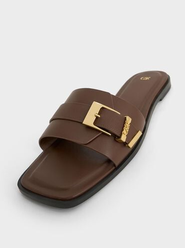 Whitney Leather Slide Sandals, Dark Brown, hi-res