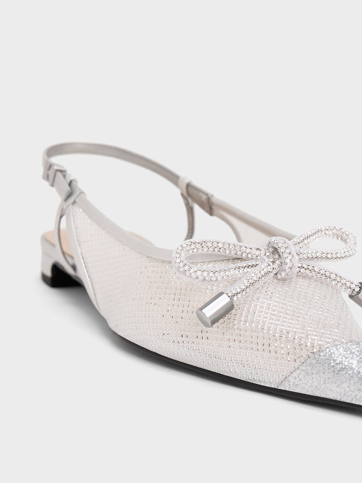 Sepatu Ballerina Slingback Mesh Embellised-Bow, Silver, hi-res