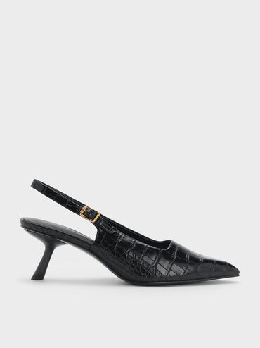 Sepatu Slingback Pumps Slant Heel Croc-Effect, Animal Print Black, hi-res