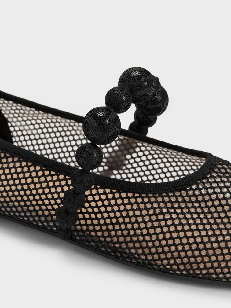 Sepatu Flats Mary Jane Beaded Mesh Leather, Black Textured, hi-res