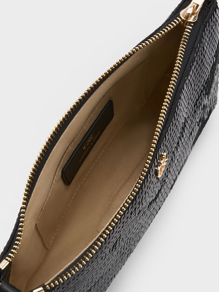 Tas Bahu Mesh & Leather Sequin, Black, hi-res