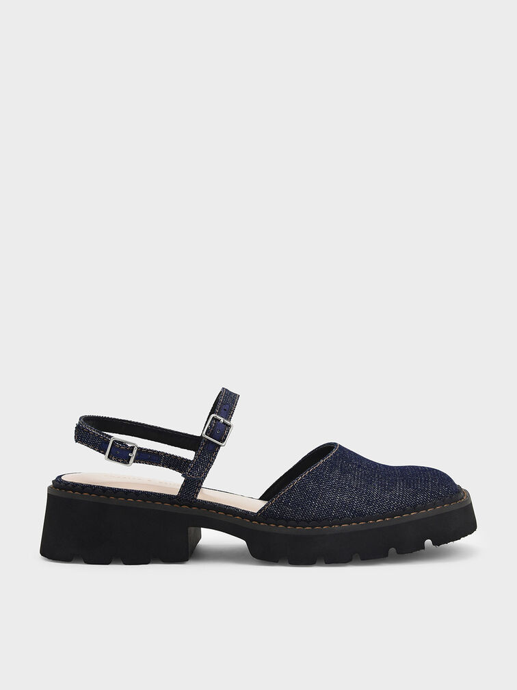 Sepatu Denim Ankle-Strap Cleated Sole, Dark Blue, hi-res