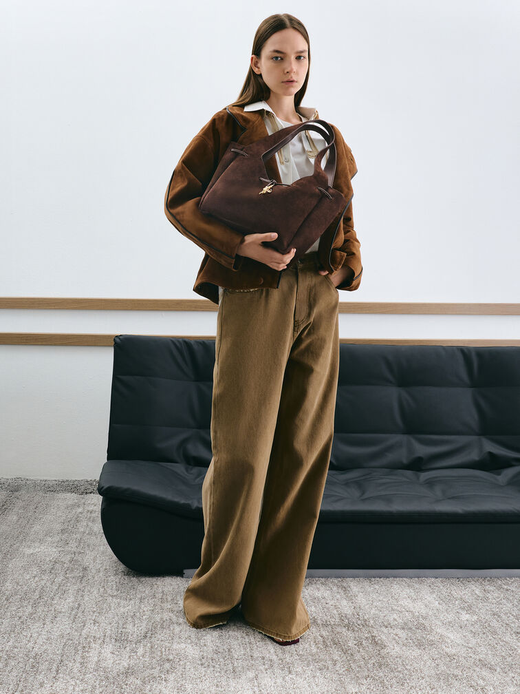 Tas Tote Drawstring Metallic-Knot Mila Recycled Suede, Espresso Brown, hi-res