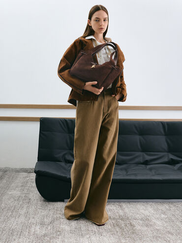 Mila Recycled Suede Metallic-Knot Drawstring Tote Bag, Espresso Brown, hi-res