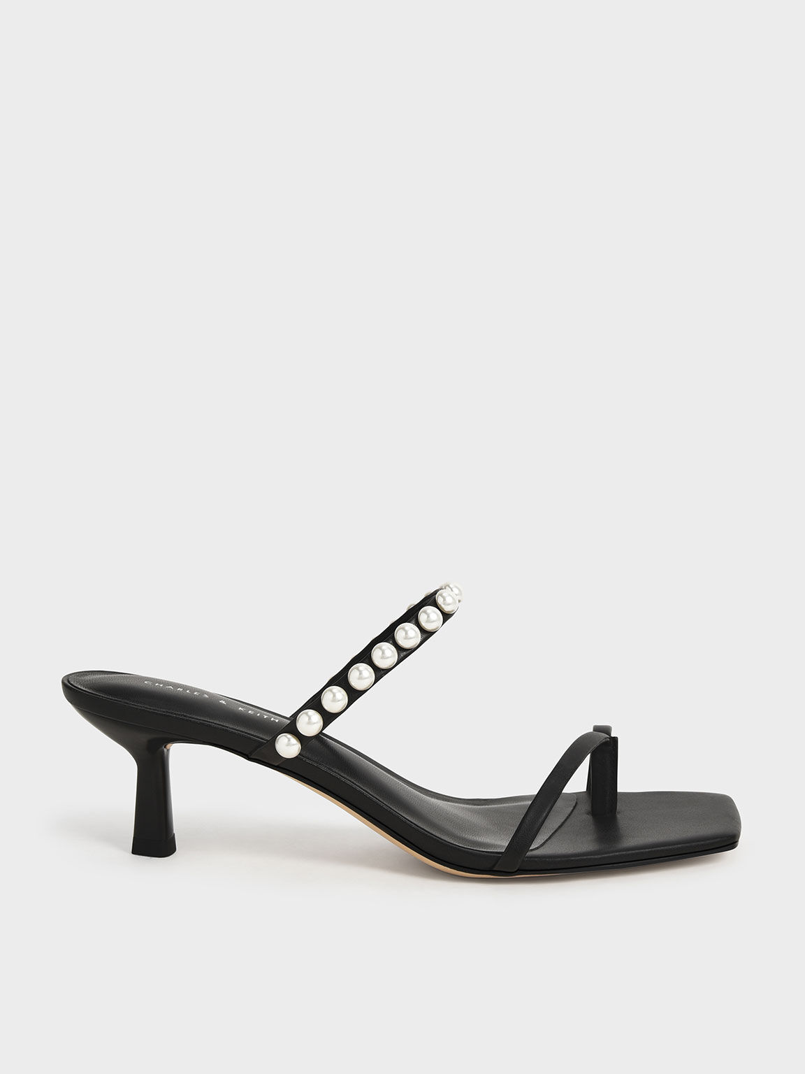 Black Pearl-Embellished Heeled Thong 