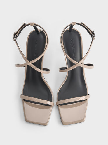 Patent Strappy Heeled Sandals, Taupe, hi-res