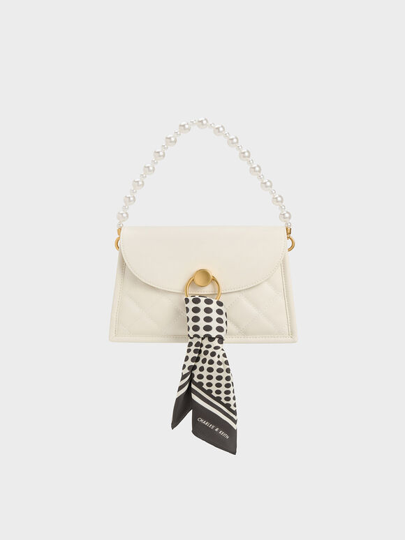 Roza Scarf Quilted Trapeze Bag, Cream, hi-res