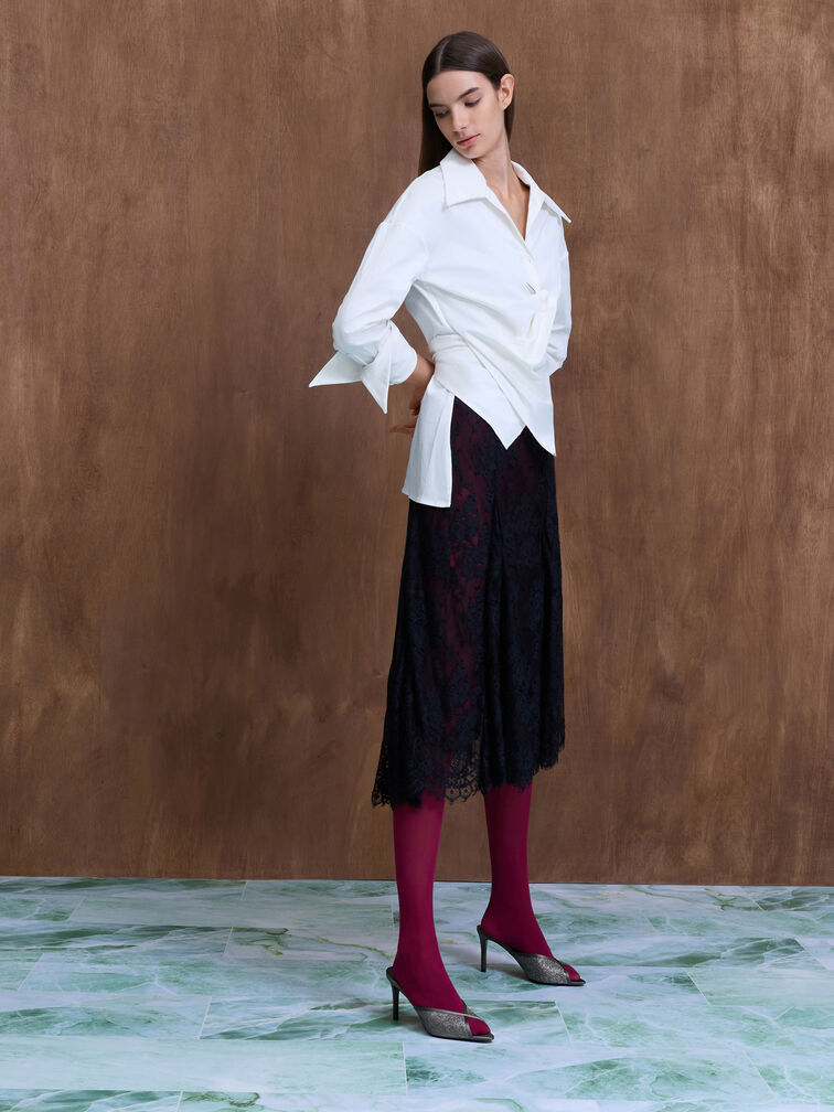 Glittered Mesh Peep-Toe Heeled Mules, Grey, hi-res