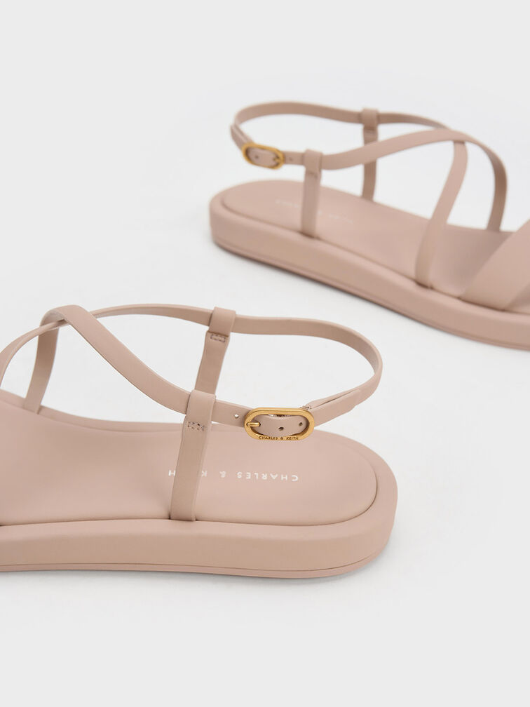 Strappy Crossover Flat Sandals, Beige, hi-res