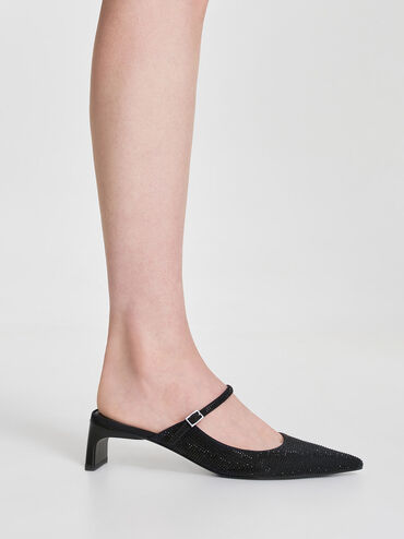 Sepatu Mules Gem-Embellished Geometric, Black, hi-res