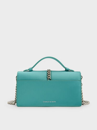 Taisia Satin Chain-Strap Envelope Bag, Teal, hi-res