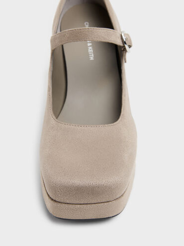 Sepatu Pumps Mary Jane Platform Suede Faux, Taupe, hi-res