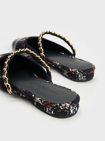 Sepatu Mules Chain-Strap Patent & Tweed, Multi, hi-res