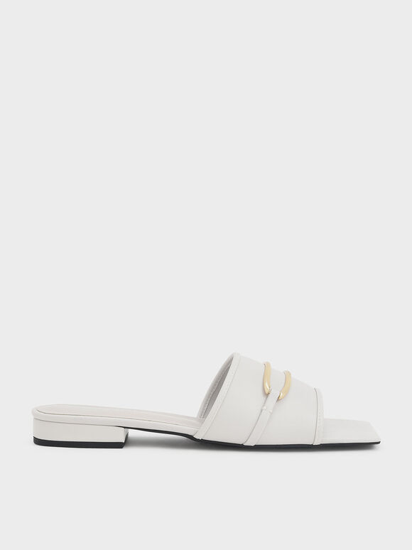 Sandal Slide Metallic Accent Square-Toe, White, hi-res
