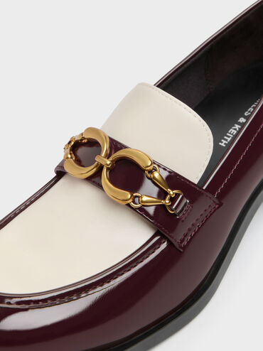 Two-Tone Metallic-Buckle Loafer Pumps, Burgundy, hi-res